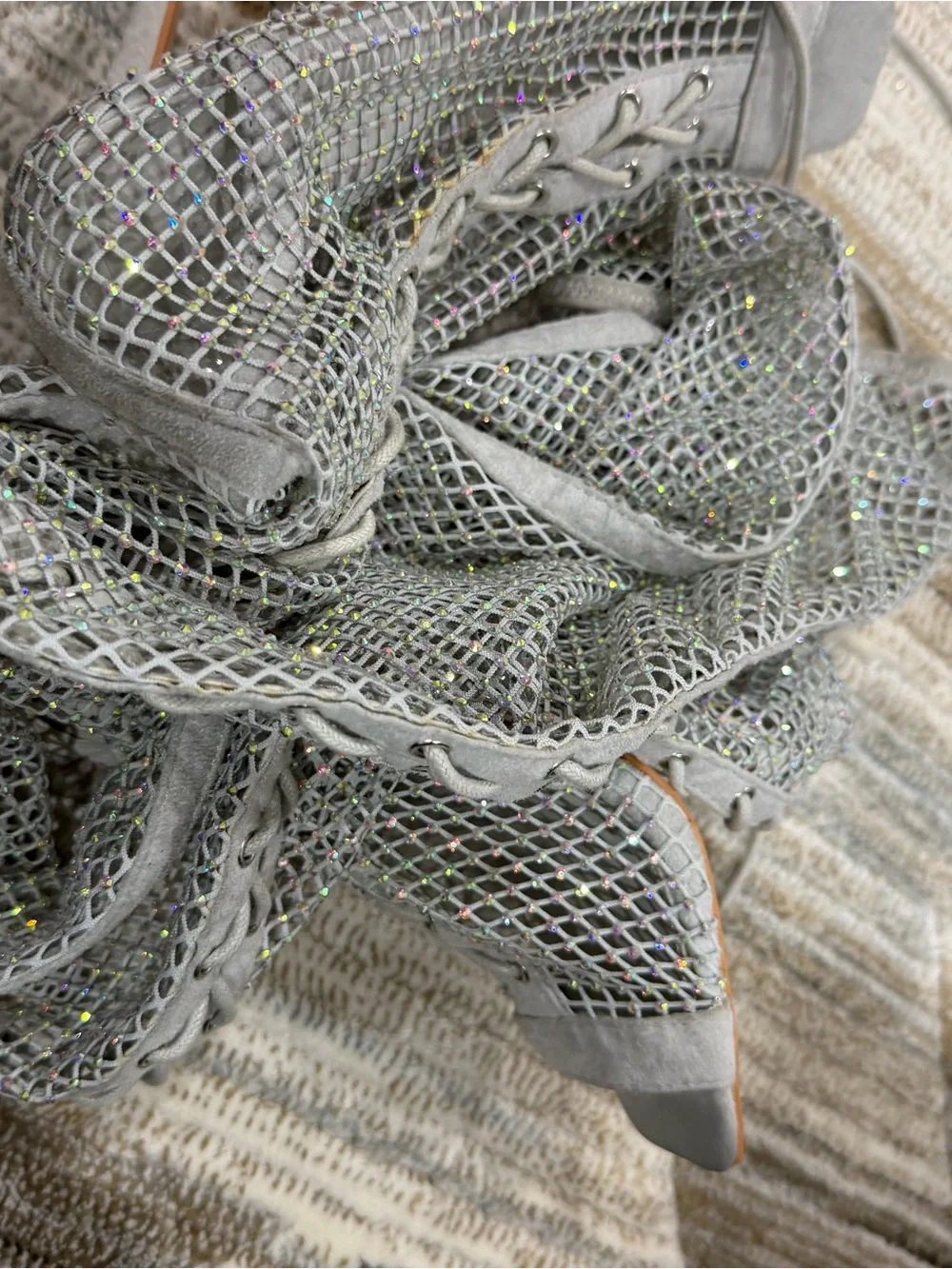 Sparkling Gray Mesh Lace-Up Peep-Toe Boots